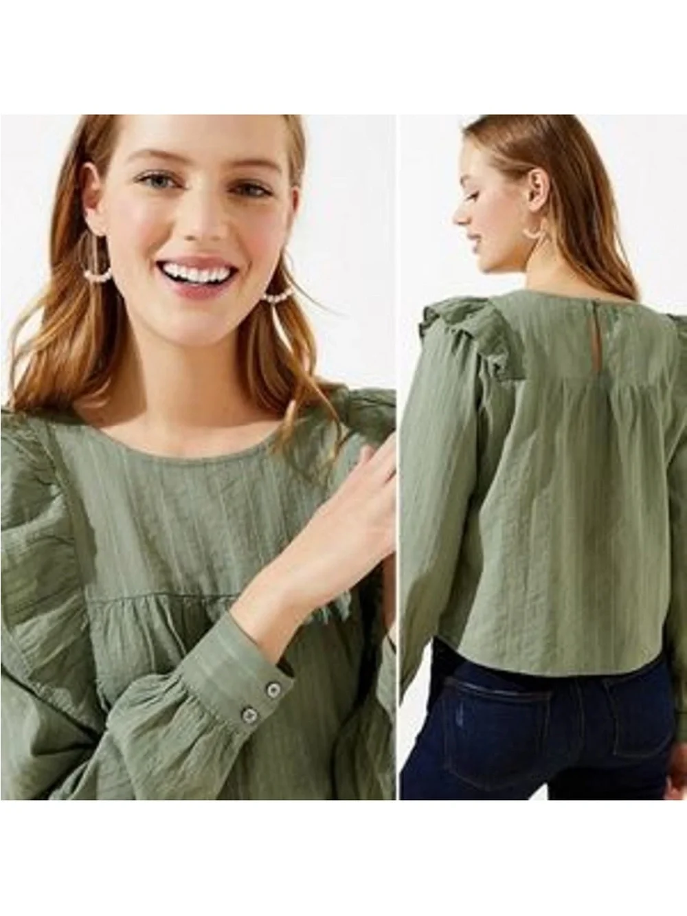 LOFT Ruffle Cropped Yoke Long-Sleeve Blouse in Sage Green SP